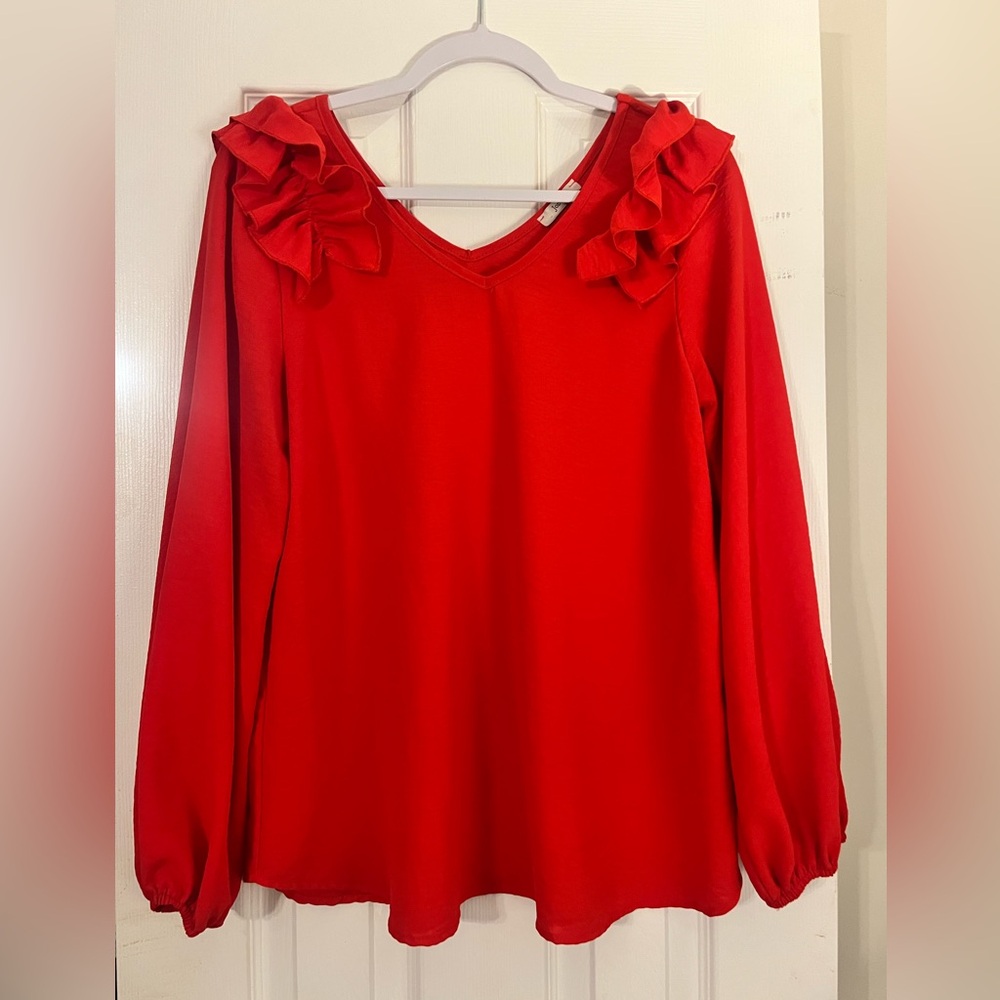 JODIFL Red Ruffled Long Sleeve Blouse